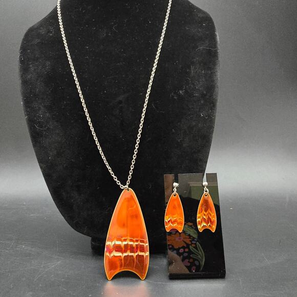 Sheffield England 1970s Orange Enamel Pendant Necklace Earrings Set - Picture 1 of 11